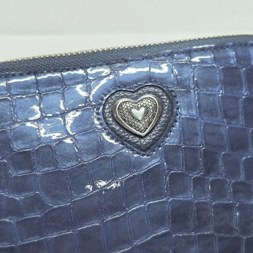 Brighton Bellissimo Heart Croc Print Blue Patent Leather Cosmetic Bag Pouch